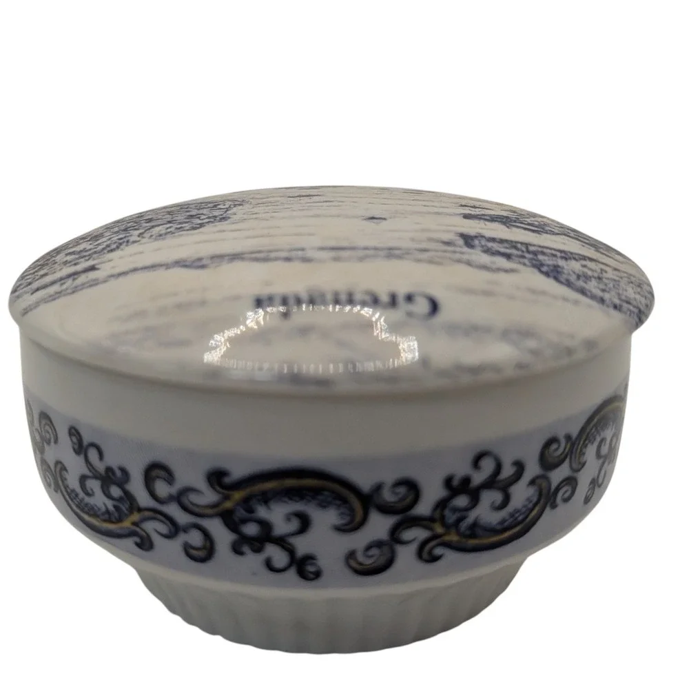 Vintage Altenkunstadt Trinket Box Granada Blue and White Ships and Scrolls Round